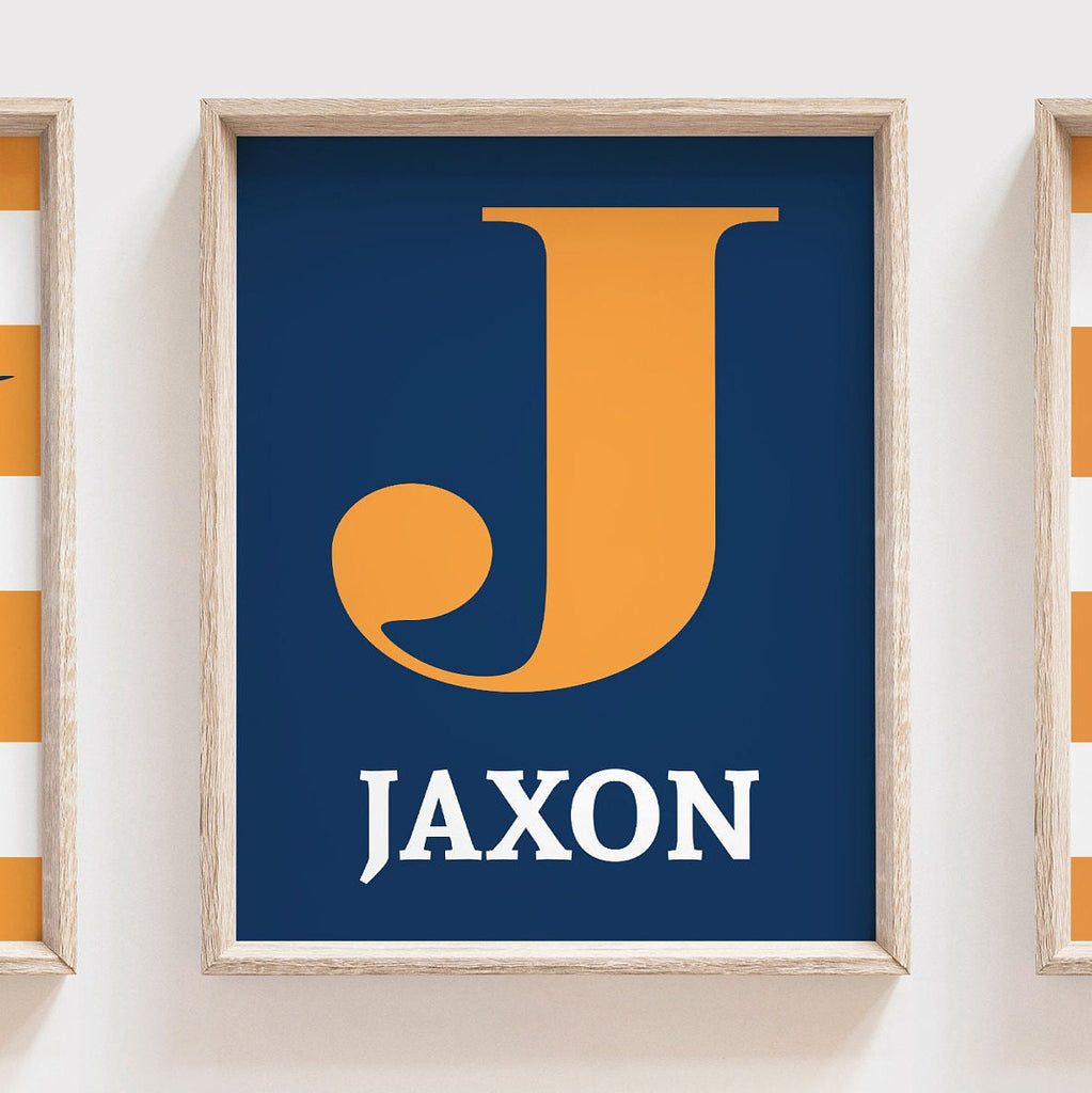 Nautical nursery decor, personalized prints for nursery, orange and navy blue wall prints, marlin fish, playroom print, print for bathroom