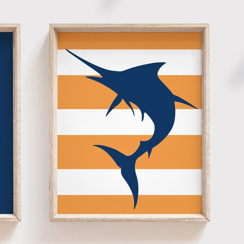 Nautical nursery decor, personalized prints for nursery, orange and navy blue wall prints, marlin fish, playroom print, print for bathroom