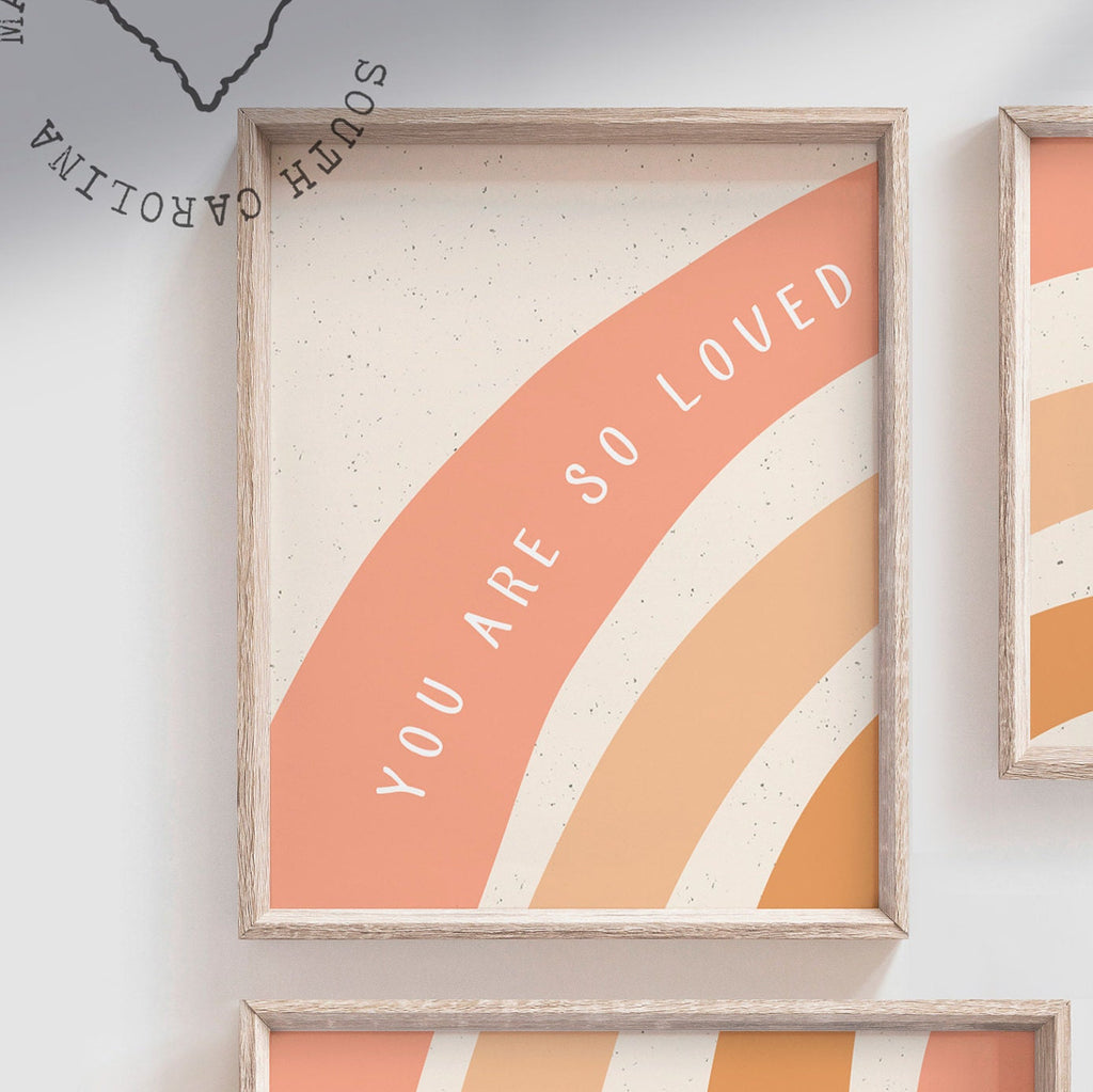 Rainbow nursery wall decor, baby room wall muted rainbow, rainbow child art prints, playroom wall ideas, rainbow images, you are so loved – unframed wall art print for kids room or nursery.