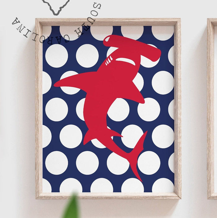 Shark red, shark wall art, shark decor, shark art room decor, shark nursery art, boys shark bedroom, bedroom sharks theme, boys shark decor