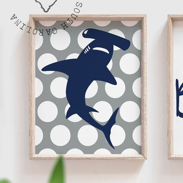Shark nursery decor navy blue and gray boys personalized, shark decor, shark nursery, shark art, wall art for boys customized, boys sharks