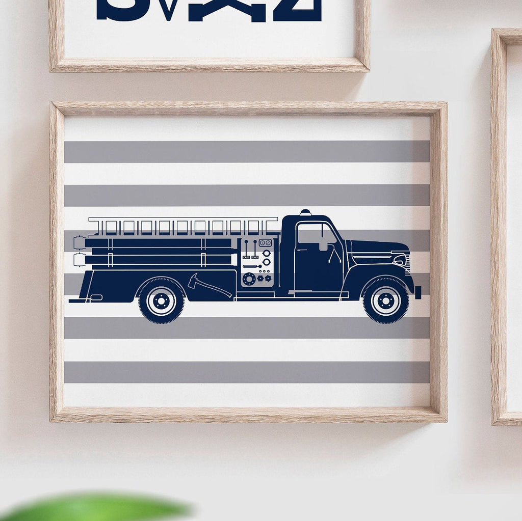 Playroom firetruck wall art, firetruck decor little fireman, nursery antique firetruck theme, boy's firetruck prints, baby boy fireman art