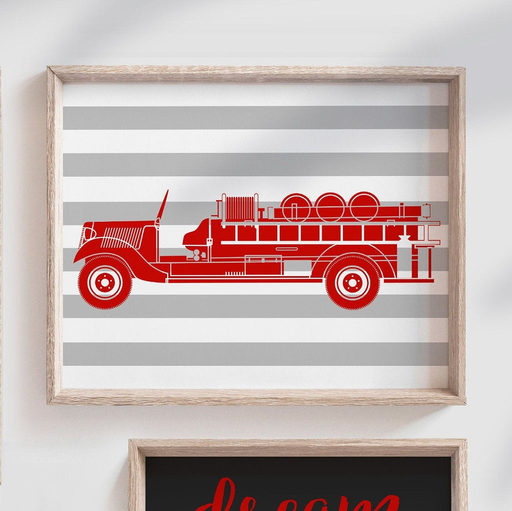 Fire truck nursery, firefighter little boy, name print boys personalized nursery wall art, boys nursery decor red gray firefighter wall art