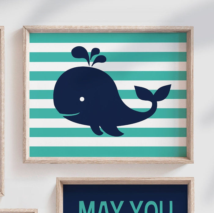 Whale nursery decor, prints for boys navy blue whales, personalized print boys nursery decor, quote for boys be strong whale, nursery quote