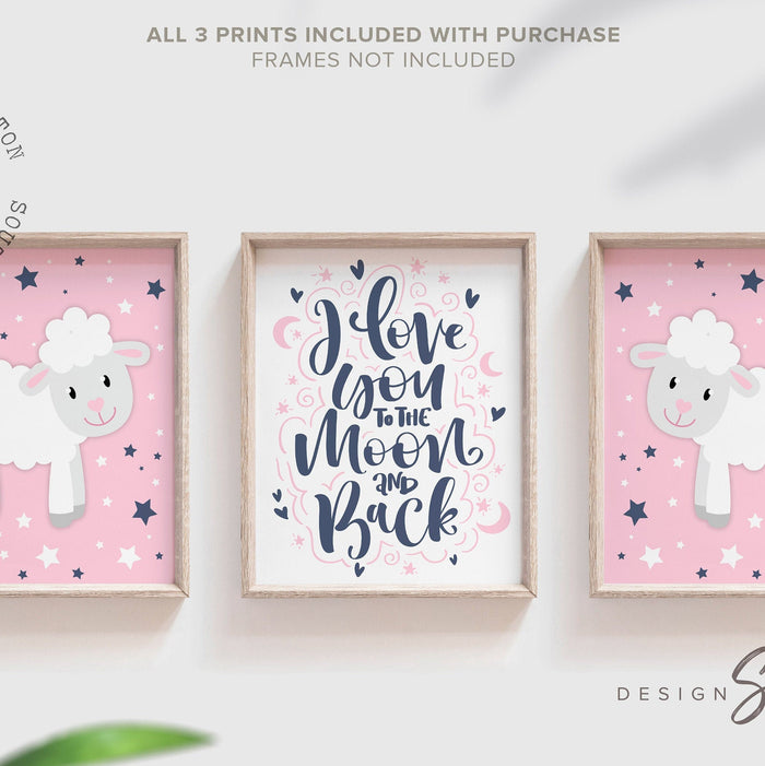 Sheep nursery decor, lamb art, moon and stars, nursery kids room prints, nursery decor girl, nursery wall art sheep, girl nursery decor pink