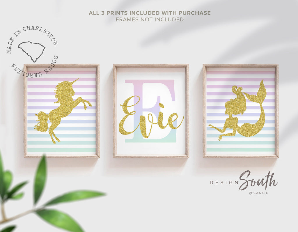 Unicorn wall art, personalized name unicorn decor, unicorn poster nursery wall art, kids room wall, baby girl nursery gold glitter rainbow – unframed wall art print for kids room or nursery.