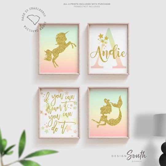 Unicorn room decor personalized name, art prints rainbow unicorn nursery art, wall art set gold glitter nursery, inspiring art girl bedroom – unframed wall art print for kids room or nursery.