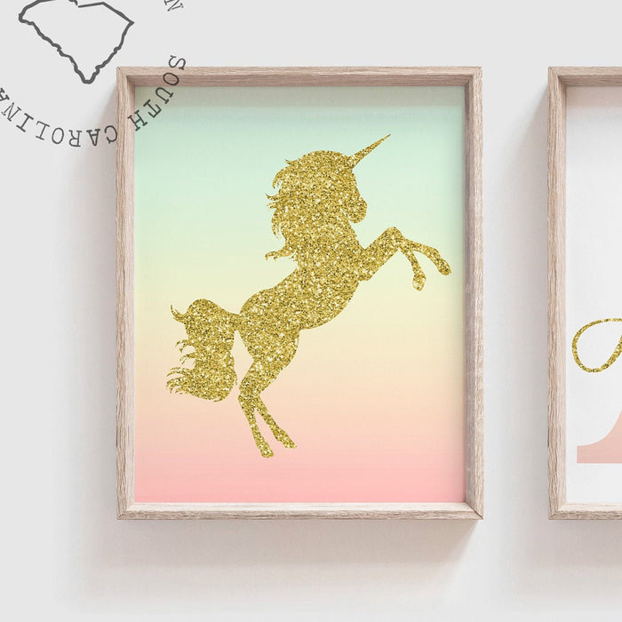 Unicorn room decor personalized name, art prints rainbow unicorn nursery art, wall art set gold glitter nursery, inspiring art girl bedroom