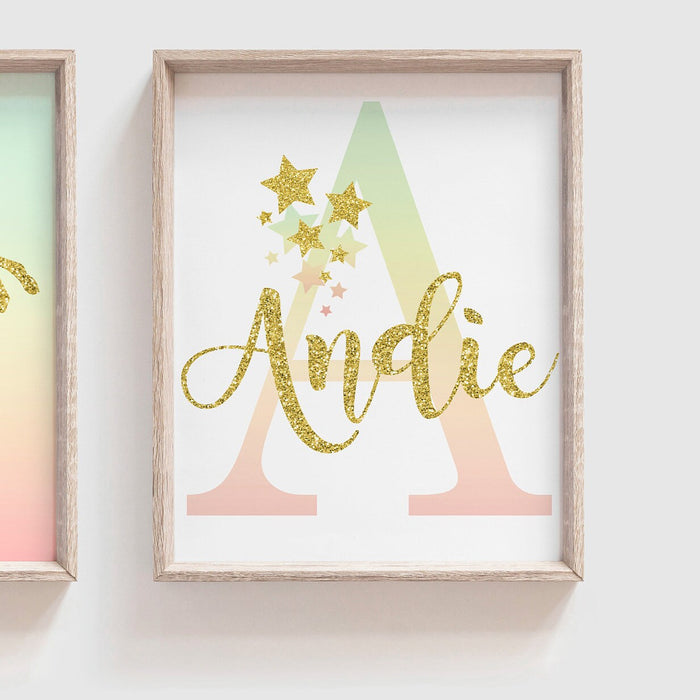 Unicorn room decor personalized name, art prints rainbow unicorn nursery art, wall art set gold glitter nursery, inspiring art girl bedroom