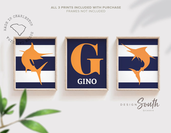 Saltwater fish prints, decor for boy litter fisherman, navy blue and orange playroom decor, personalized fish signs, gift for birthday boy