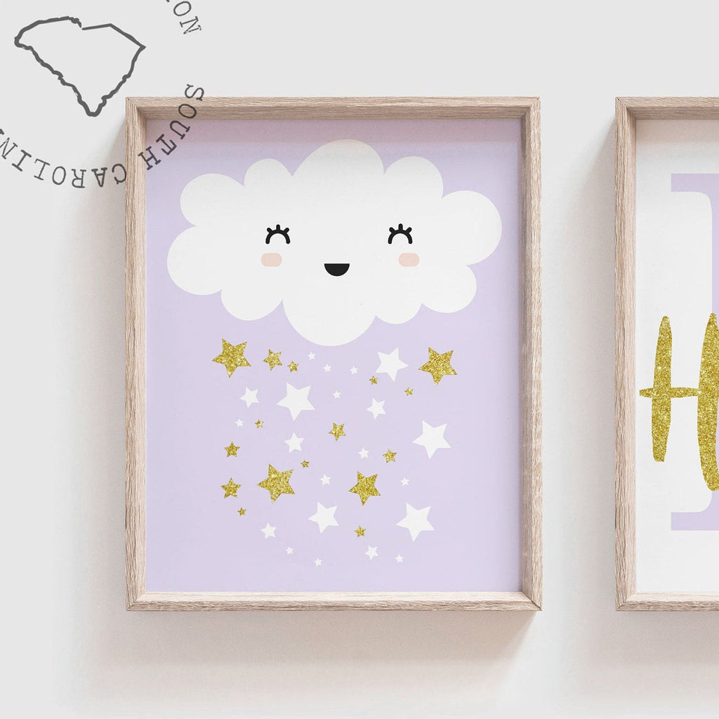 Sister bedroom pink lilac, sister nursery moon and stars, gold sparkle decor, nursery ideas two girls, gift for twin girls pink lilac purple – unframed wall art print for kids room or nursery.