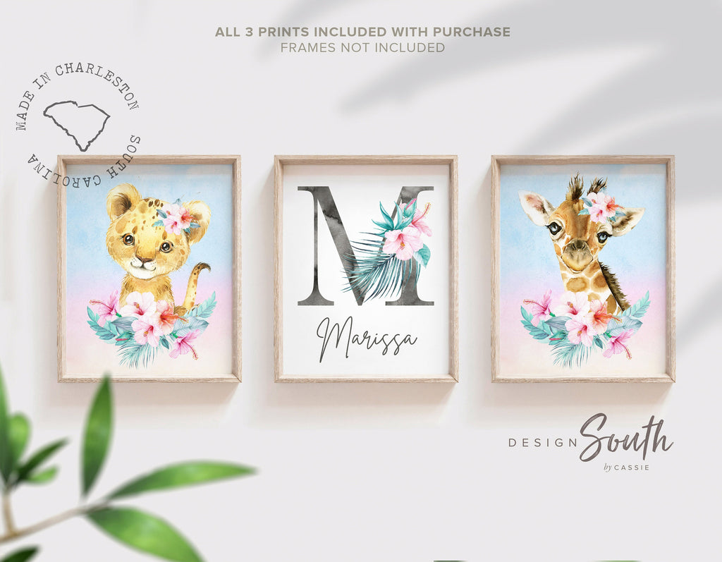 jungle_safari_animal,nursery_wall_decor,baby_girl_nursery,gift_for_girl_shower,personalized_name,tropical_theme_decor,girl's_bedroom_decor,wall_art_little_girl,pink_and_teal_blue,tropical_flowers,kids_playroom_girl,animal_gift_for_girl,birthday_party_gift