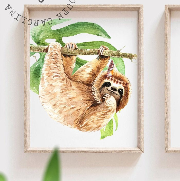 Sloth bedroom wall pictures, nursery decor tropical gender neutral, kid room animals palm leaves, monogram personalized name decor, kid gift