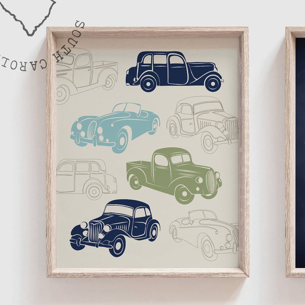 Nursery decor, kids playroom, car wall decor boy, car print, car decor, truck nursery art, car boys room, old cars, old car nursery art boys