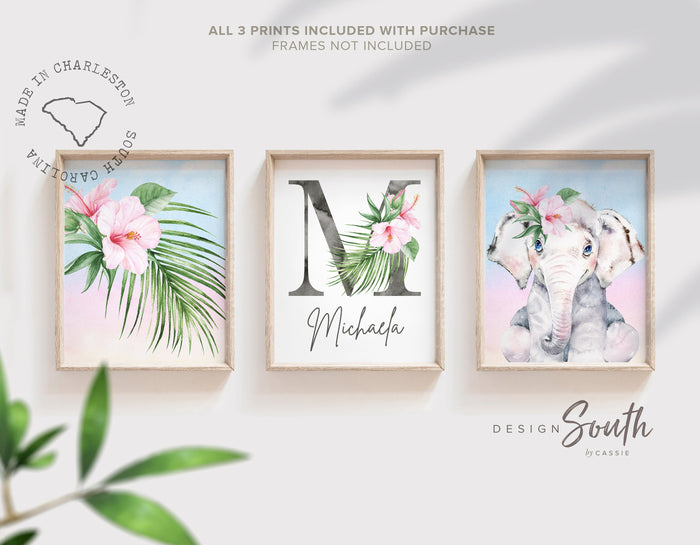 Tropical baby girl nursery wall decor, elephant nursery decor, tropical botanical girl bedroom theme, baby shower gift elephant personalized