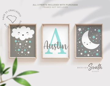 baby_boy_gift,star_nursery,moon_star_clouds,monogram_boy,aqua_nursery_art,decor_for_baby_boy,boy_room_art,boy_room_decor,nursery_wall_art,nursery_ideas_aqua,kids_room_celestial,moon_cloud_stars_art,personalized_art_set