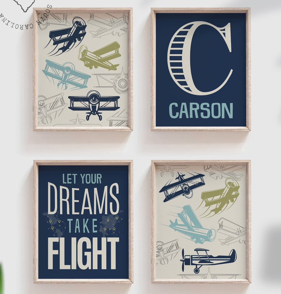 Travel aviation theme, kid airplane art, airplane boy gift, aviation theme, boys airplane wall art prints, airplane nursery art, blue green – unframed wall art print for kids room or nursery.