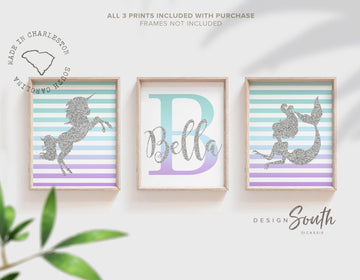 purple_teal_ombre,mermaid_unicorn_art,little_girl_gift,unicorn_nursery_art,mermaid_nursery_art,decor_bedroom_girl,wall_art_for_girls,personalized_name,birthday_gift_girl,teal_nursery_decor,purple_gray_silver,silver_sparkles_baby,playroom_wall_art