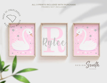 pink_and_silver,pink_silver_sparkles,baby_shower_gift,custom_name_print,blush_pink_name,baby_girl_wall_art,personalized_prints,girls_monogram,pink_baby_nursery,pink_swan_art,nursery_swans_pink,girls_bedroom_art,girls_bedroom_decor