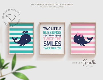 twin_nursery_decor,navy_blue_and_pink,chevron_and_stripes,quote_for_twins,twin_nursery,boy_girl_nursery,twin_nursery_art,prints_for_twins,nursery_decor,nautical_twin_room,twin_baby_gift_whale,whale_themed_twins,baby_twin_playroom