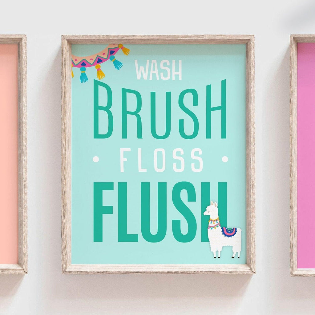 Kids llama bathroom, brush flush childrens bathroom art print, boy/girl llama bathroom, toddler bathroom art llama alpaca cactus theme decor