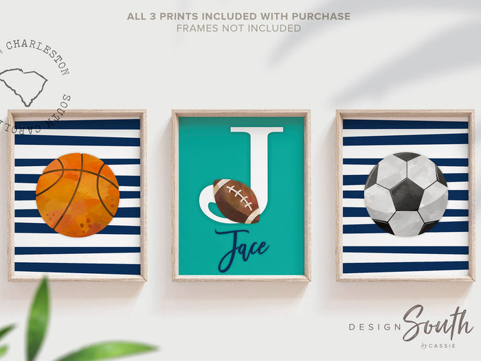 Sports wall prints for kid room, sports balls wall pictures, sports art personalized gift, basketball soccer football wall art boy nursery