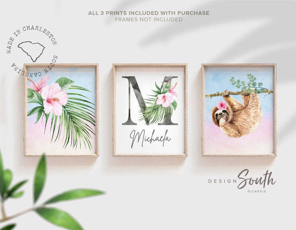jungle_animal_decor,jungle_animal_art,tropical_leaf_baby,gift_for_baby_girl,girl's_bedroom_sloth,hawaiian_flowers,green_jungle_floral,girls_name_wall_art,personalized_gift,baby_girl_room_wall,sloth_nursery_decor,sloth_nursery_art,pink_nursery_decor