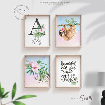 jungle_nursery,jungle_animals,animal_lover_kid,animal_kid_gift,animal_baby_shower,pink_tropical_theme,tropical_animal_room,pink_floral_nursery,inspirational_girl,girl's_bedroom_wall,nursery_decor_girl,sloth_theme_decor,baby_girl_gift_sloth