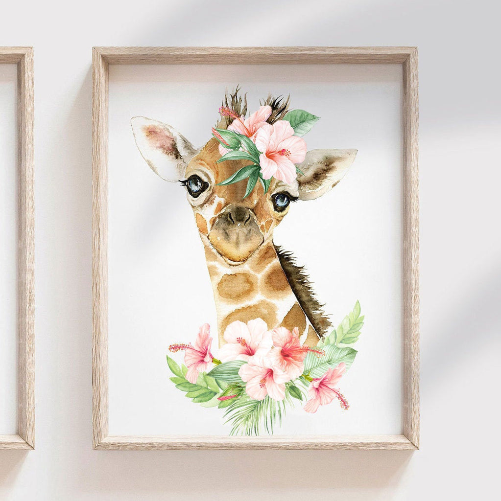 Blush pink girls animal nursery art, girl animal art, baby girl name flower animal, girl baby giraffe wall art, girl bedroom tropical jungle