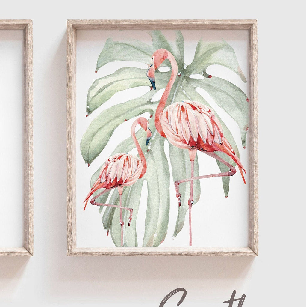 Tropical flamingo nursery, pink green nursery tropical baby, monstera leaf tropical theme baby, trendy nursery wall art decor baby girl gift