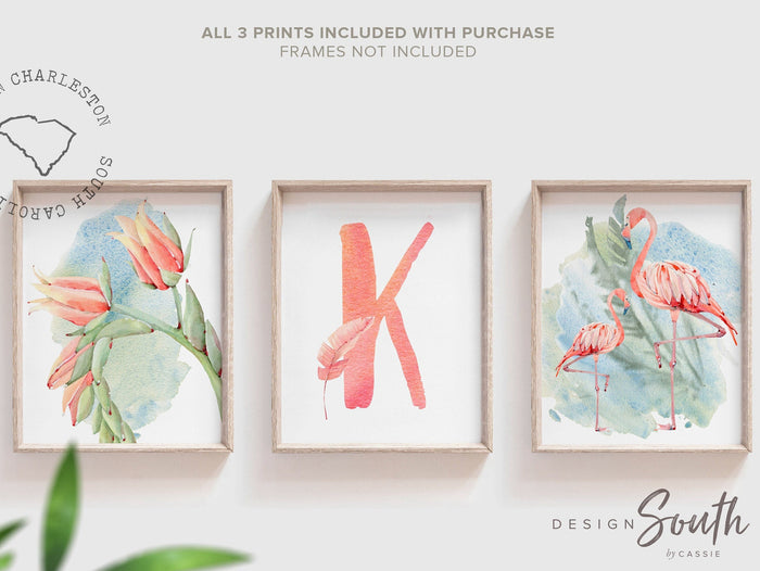 Tropical flamingo nursery, pink green nursery tropical floral, palm leaf tropical theme baby, trendy nursery wall art decor baby girl gift