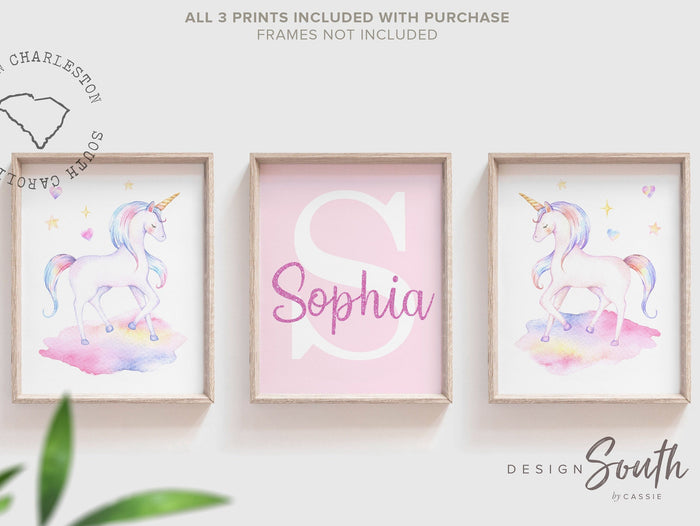 Unicorn nursery art, girls personalized name gift unicorn theme, wall art print set unicorns, baby room decor unicorn, girl bedroom unicorns