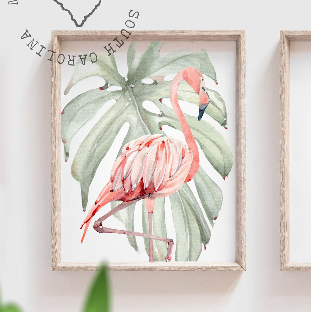 Tropical flamingo nursery, pink green nursery tropical baby, monstera leaf tropical theme baby, trendy nursery wall art decor baby girl gift