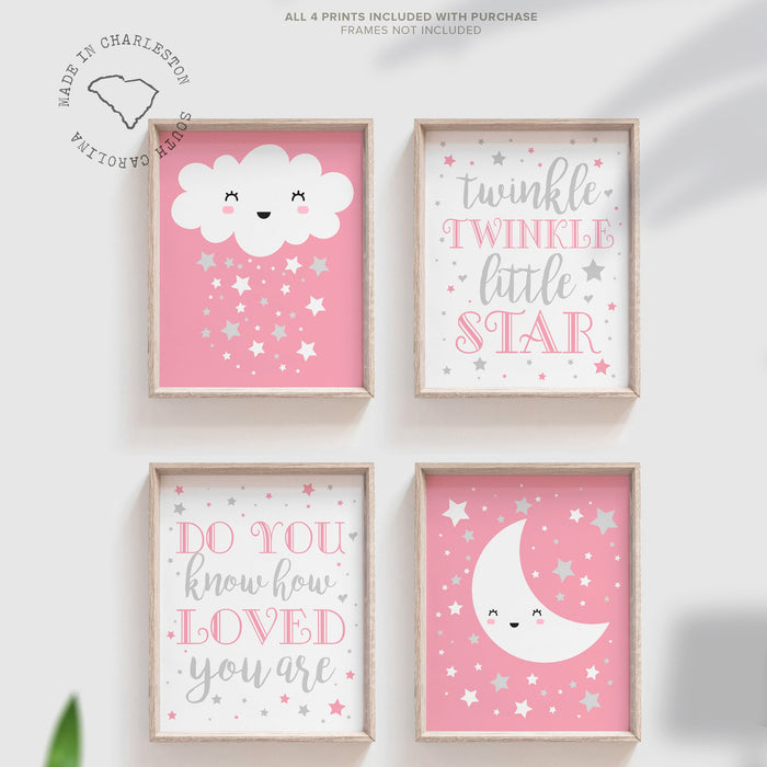 Twinkle twinkle little star pink and gray, baby girl nursery wall decor, pink and gray nursery art, do you know how loved you are print set