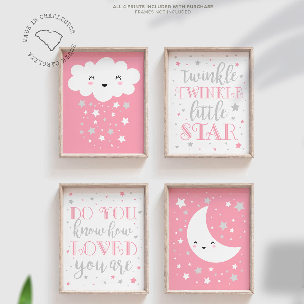 Twinkle twinkle little star pink and gray, baby girl nursery wall decor, pink and gray nursery art, do you know how loved you are print set – unframed wall art print for kids room or nursery.