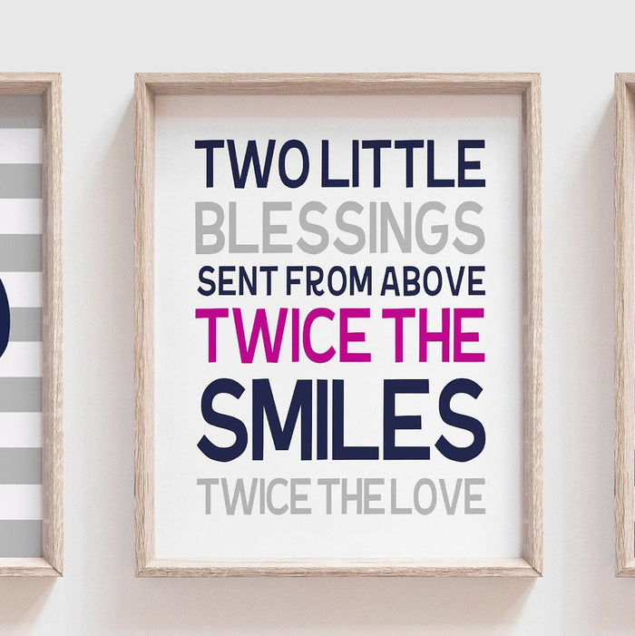 Twin nursery decor navy blue pink and gray, twin nursery whale nautical, pink and navy twin art, nursery prints for twins, twice the love