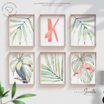 Tropical nursery gallery wall baby girl prints, flamingo tropical leaves room, personalized baby gift pink flamingo, tropical shower gift