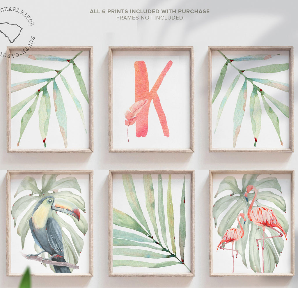 Tropical nursery gallery wall baby girl prints, flamingo tropical leaves room, personalized baby gift pink flamingo, tropical shower gift