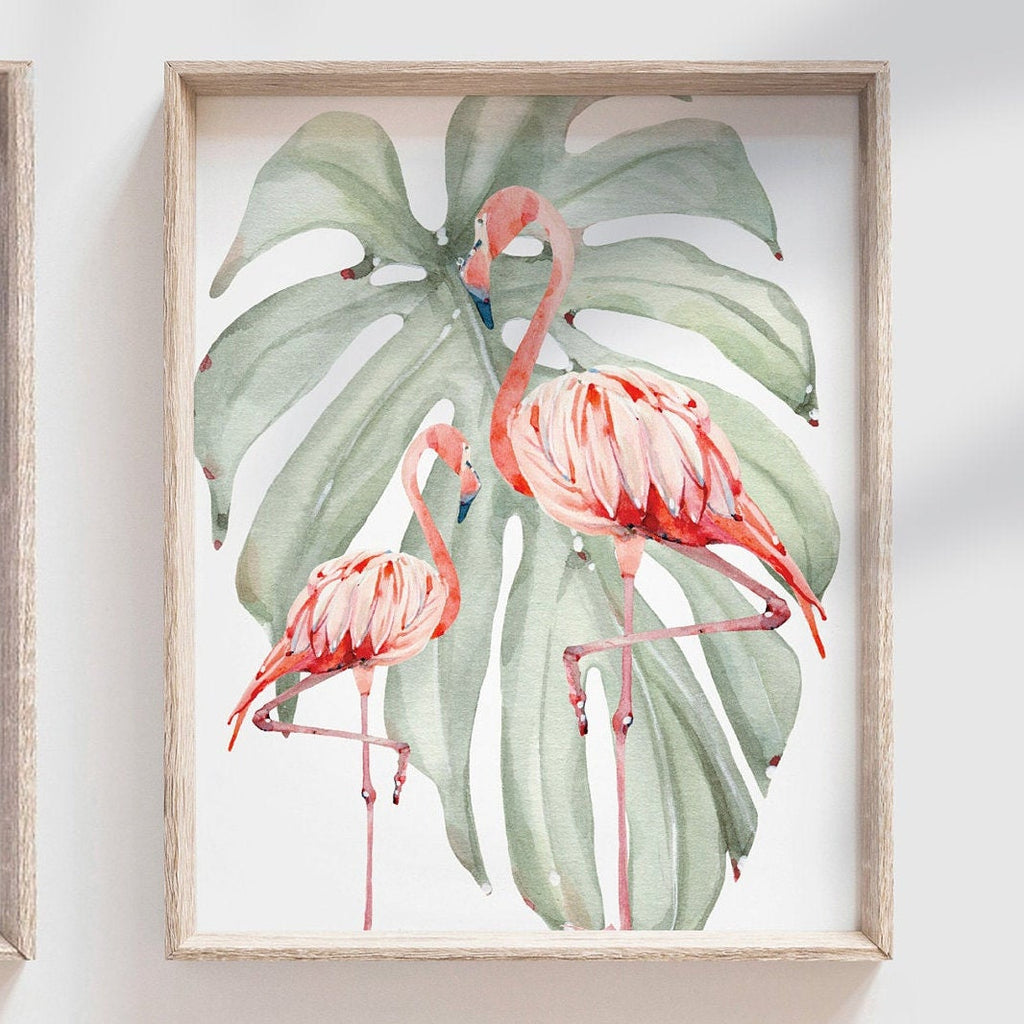 Flamingo tropical nursery wall art, botanical plants flamingos pineapple palm leaves decor, girls palm name bedroom art, nursery art print
