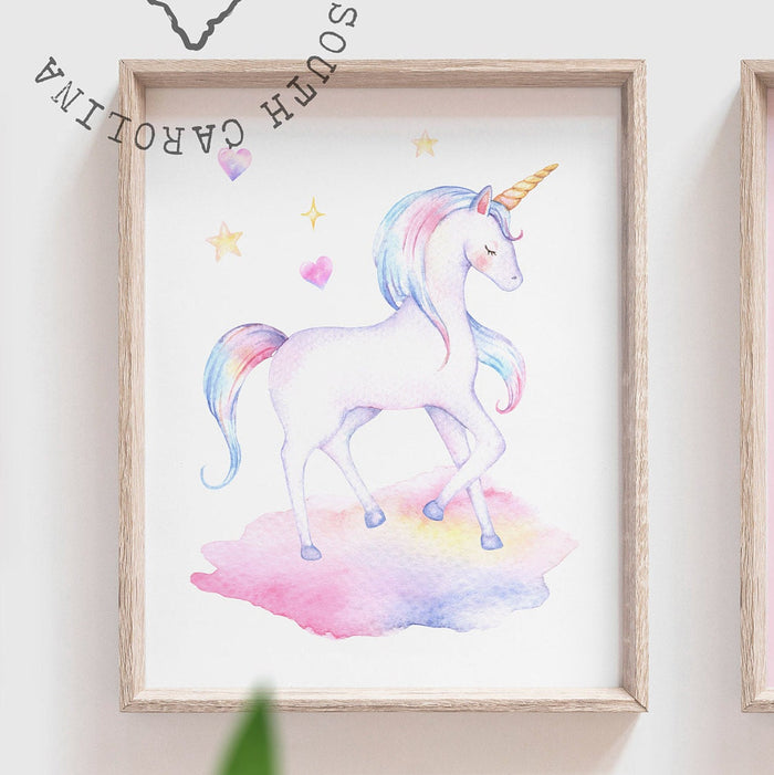 Unicorn nursery art, girls personalized name gift unicorn theme, wall art print set unicorns, baby room decor unicorn, girl bedroom unicorns