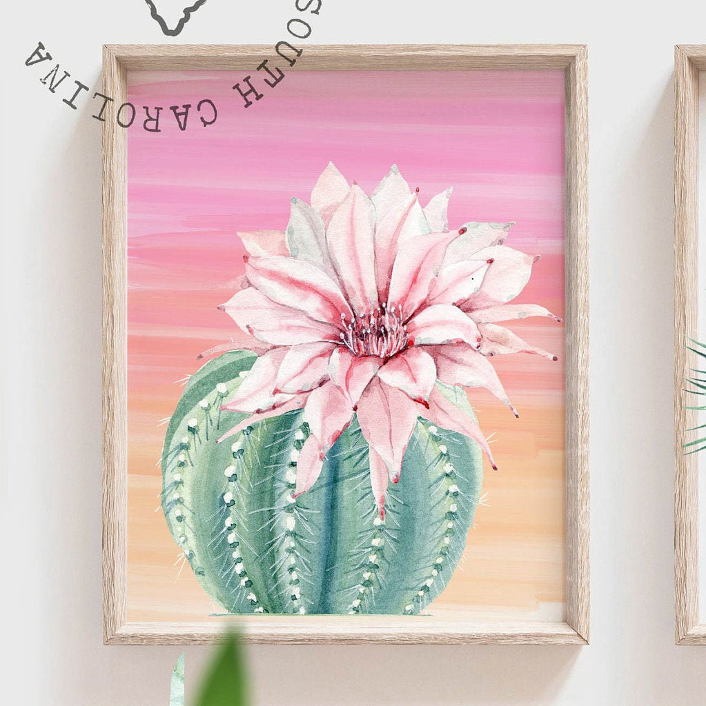 Summer palm desert tropical nursery kid, chic desert cactus baby room, pink orange desert themed room, girls name initial cactus blooms art