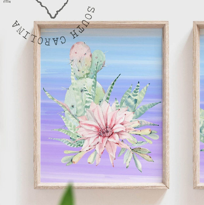 Summer colors girl nursery, desert boho succulent nursery decor, pink purple blue baby girl wall, cactus blooms theme room, succulent prints
