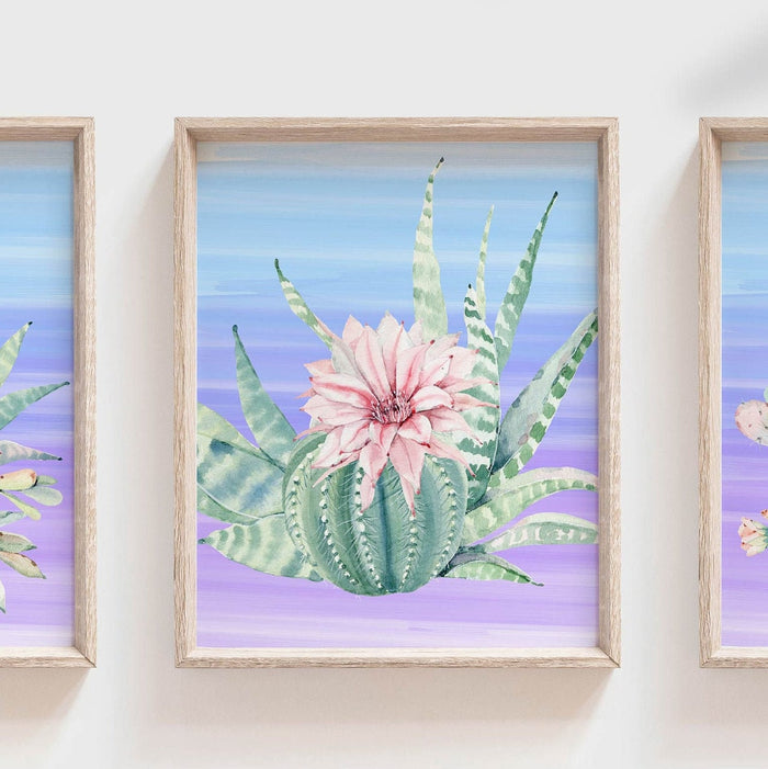 Summer colors girl nursery, desert boho succulent nursery decor, pink purple blue baby girl wall, cactus blooms theme room, succulent prints