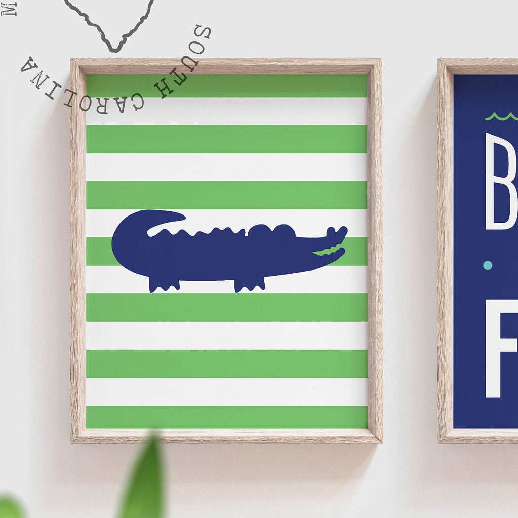 Alligator kids safari collection set, bathroom designs alligator theme, green navy aqua blue children's bathroom decor, alligator wall art