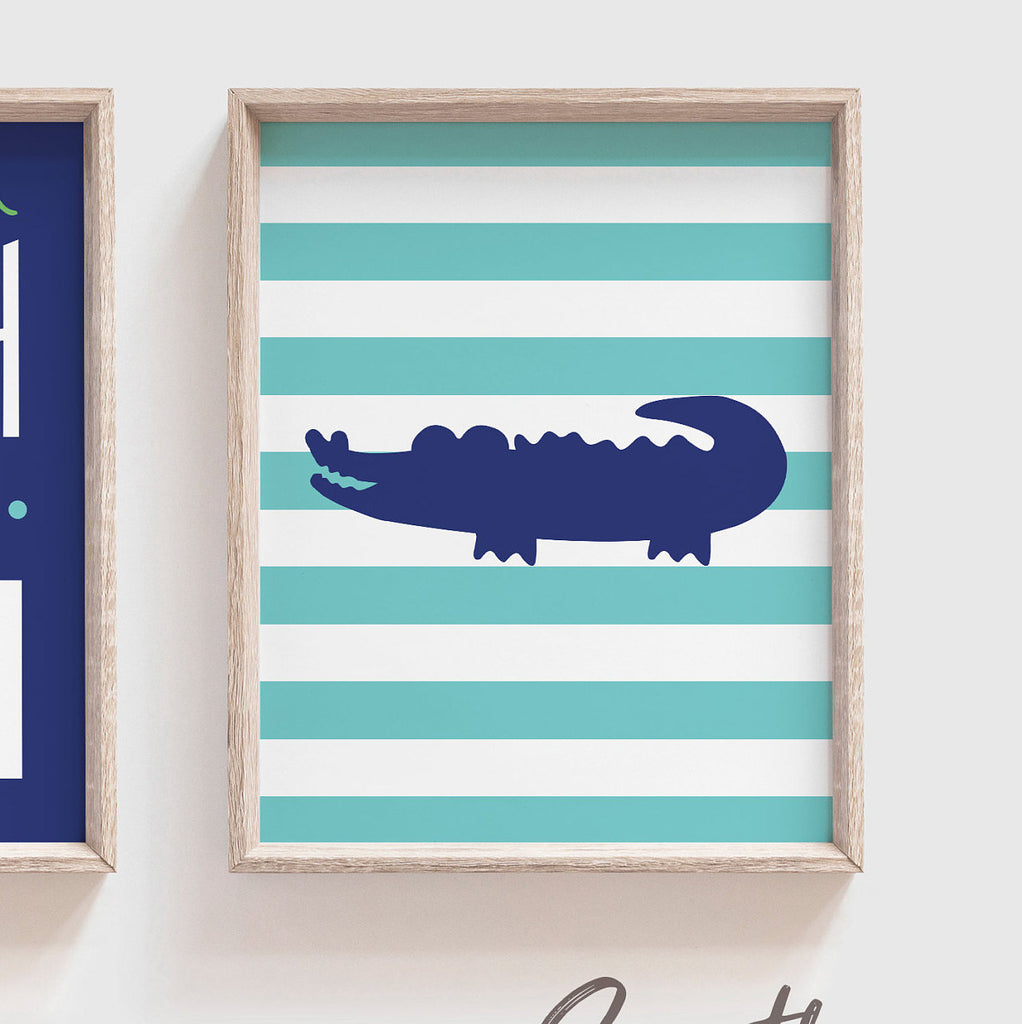 Alligator kids safari collection set, bathroom designs alligator theme, green navy aqua blue children's bathroom decor, alligator wall art