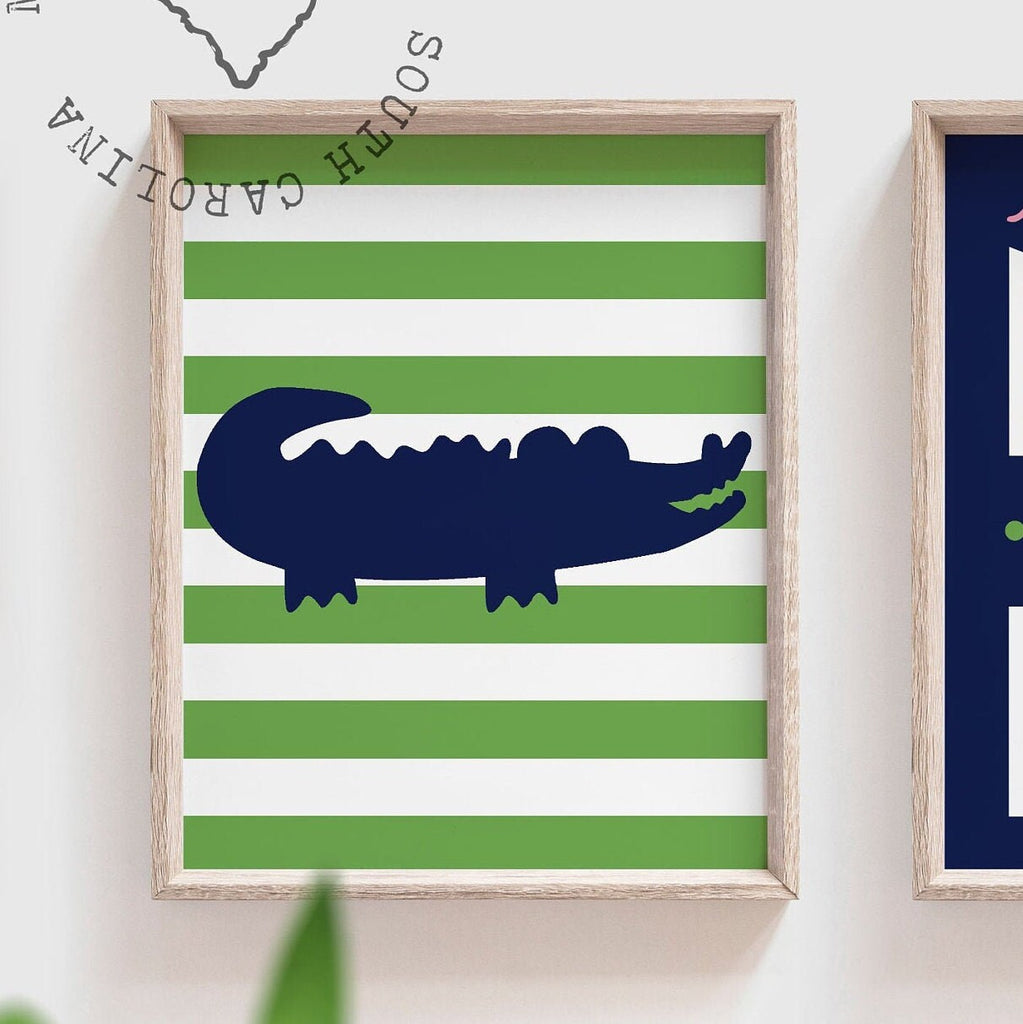 Bathroom decor, alligator bathroom decor, children's bathroom decor, boy girl bathroom, pink, navy blue, green, wash, brush, floss, flush