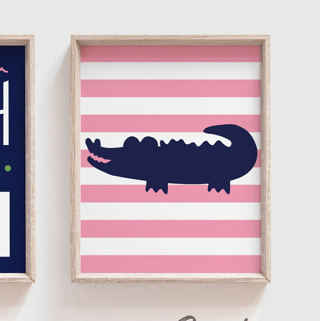 Bathroom decor, alligator bathroom decor, children's bathroom decor, boy girl bathroom, pink, navy blue, green, wash, brush, floss, flush