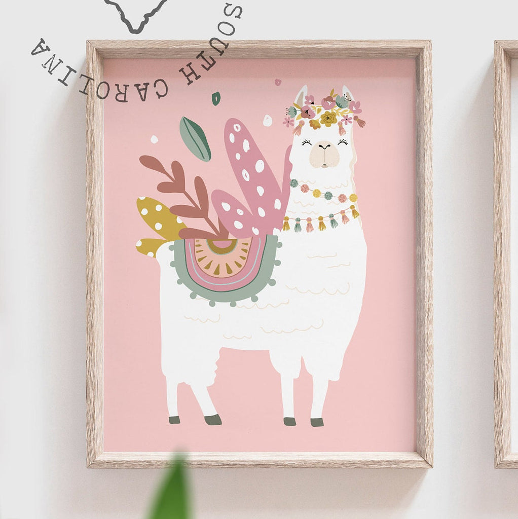 Baby girl nursery muted pink, floral llama pale pinks, baby alpaca decor mauve, crown animal llama pictures print set, bedroom girl's name