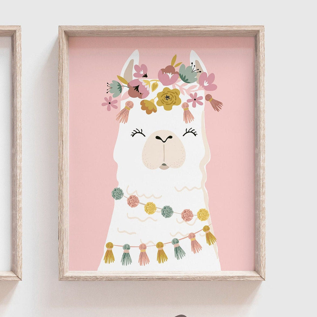 Baby girl nursery muted pink, floral llama pale pinks, baby alpaca decor mauve, crown animal llama pictures print set, bedroom girl's name