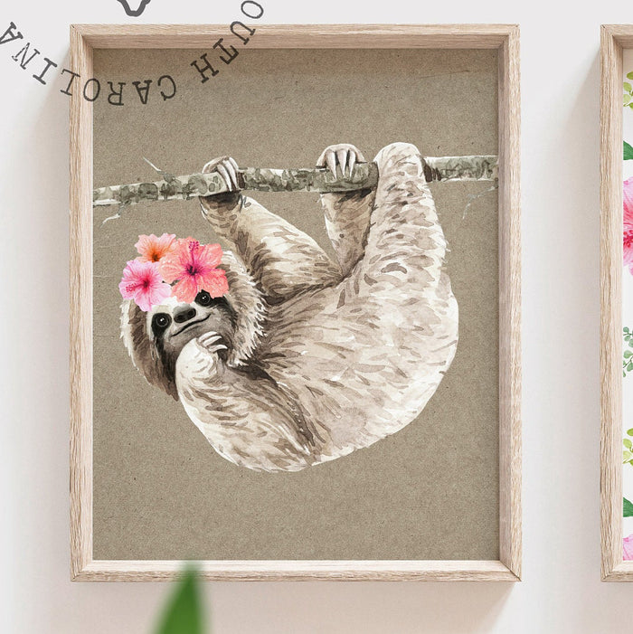 Sloth themed little girl room decor, wall art sloth set girl's nursery bedroom, tropical sloth pictures girl nursery theme, cute sloth set